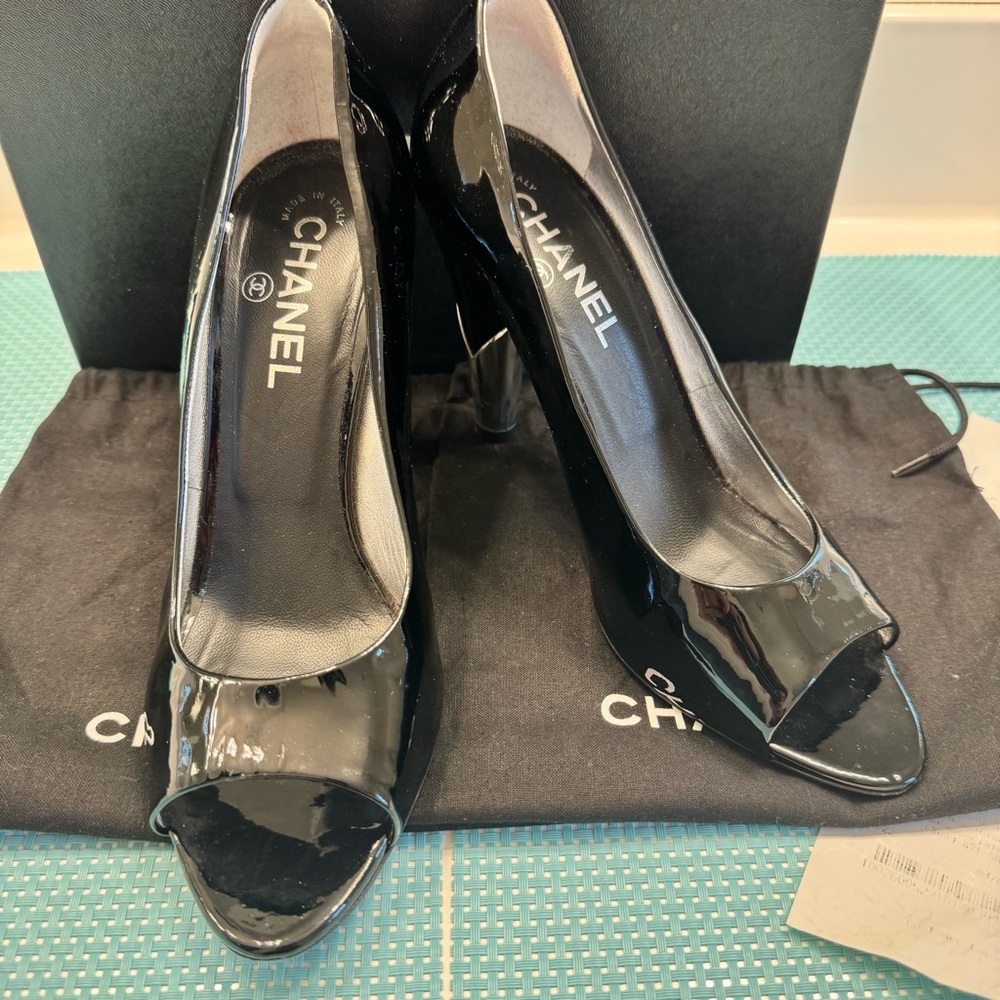 Authentic CHANEL Black patent peep toeHeels with silver like new box/ receipt - Picture 13 of 16